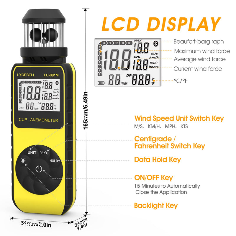 Anemometer Handheld LC-881M Portable Anemometer Wind Speed Meter Measures Wind Speed/Temperature with Compass, 360° Wind Direction Wind Cup Anemometer