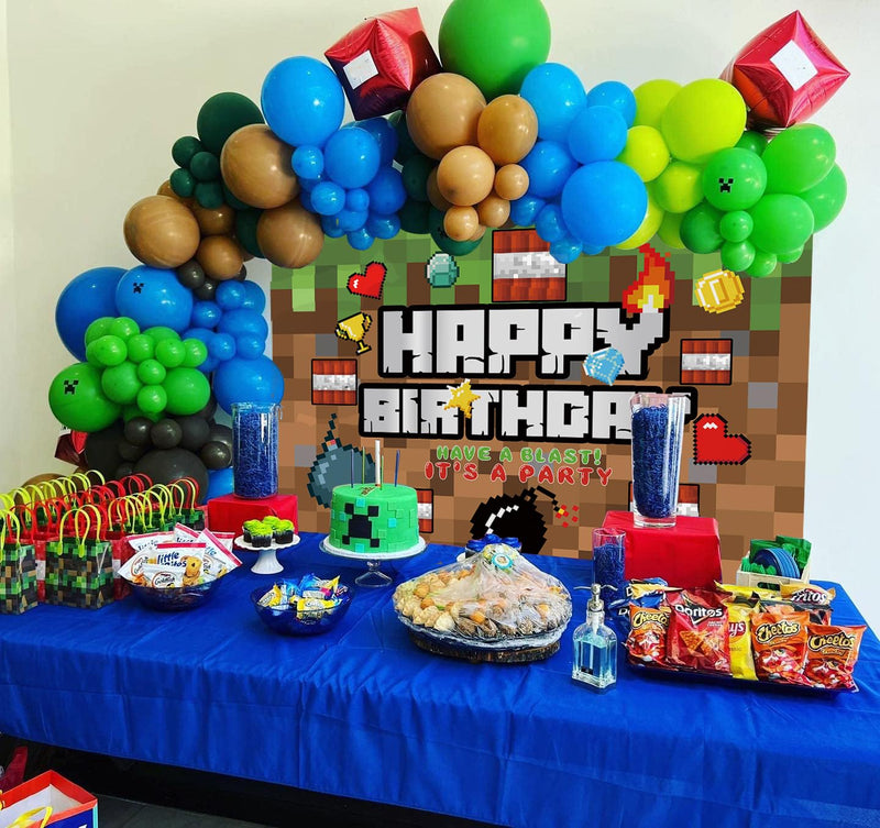 Pixel Happy Birthday Backdrop Video Game Themed Party Photography Background Kids Boy Birthday Video Gaming Battle Gamer Party Supplies Cake Table Decor Banner (7X5FT) 7X5FT