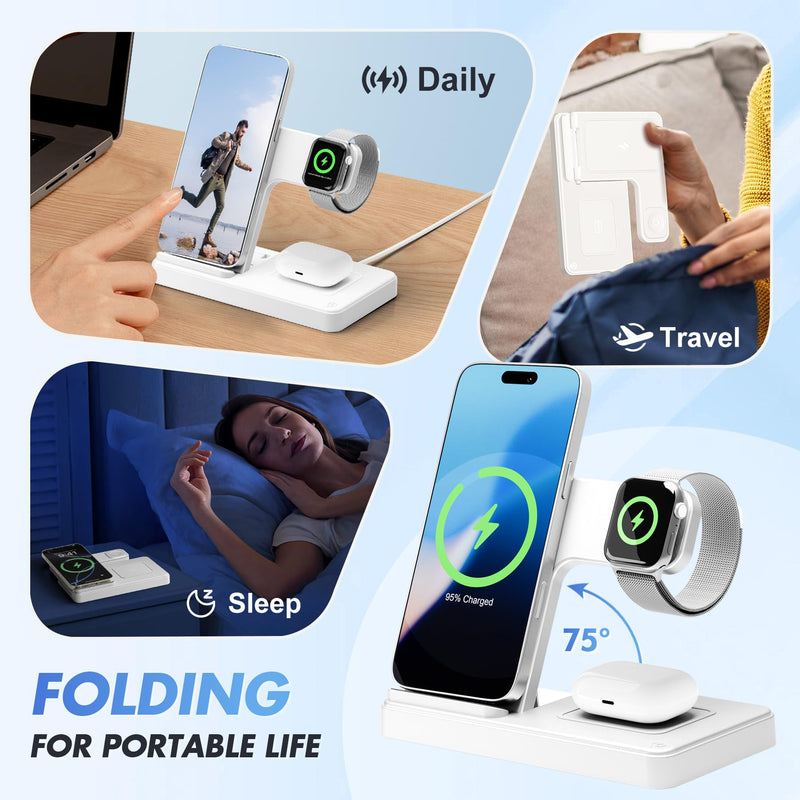 Wireless Charging Station for Apple Devices: 3 in 1 Foldable Qi Compact Case-Friendly Charger Stand for iPhone 16-12 & Apple Watch & AirPods Charging Dock for Travel Home Office Desk Nightstand(White) White 1