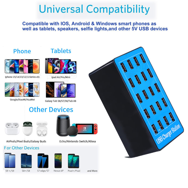 USB Charger Station,20-Port 100W/20A Multiple USB Charging Station,Multi Ports USB Charger Charging for Smartphones，Tablets，and Other USB Devices. LIght blue-20 port