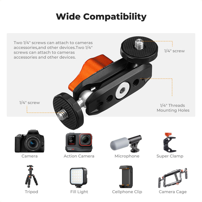 K&F Concept Dual Ball Heads Magic Arm, Articulating Mini Magic Arm with 1/4"-20 Screw, 360° Swivel Ball Head, Aluminum Alloy Camera Monitor Mount Arm for Camera, Light, Microphone, Monitor