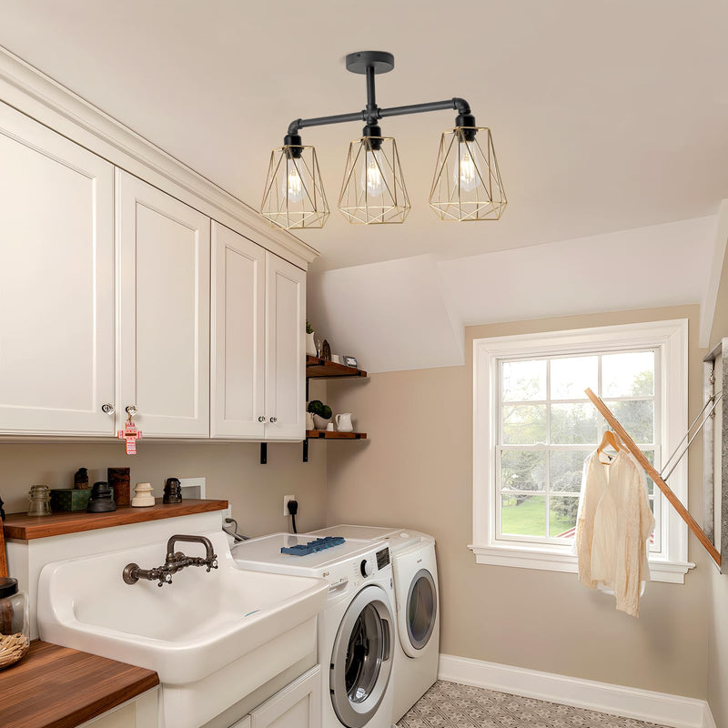 SEEBLEN 3-Lights Modern Semi Flush Mount Ceiling Light Gold,Industrial Hallway Light Fixtures Ceiling Mount Farmhouse Chandelier Ceiling Light for Kitchen Island Dining Room Hallway Porch Foyer. 3-light（A）