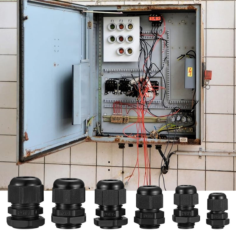 Pack of 50 Cable Glands Set, IP68 Waterproof Adjustable Cable Grommet, Black Adjustable Cable Connectors Cable Connectors Set - PG7/9/11/13.5/16/19/21 PG25/29/36/42/48/63 (Black)