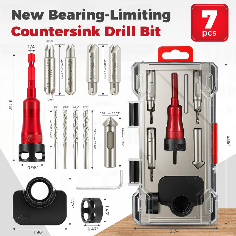 BURMONG 5-Piece Countersink Drill Bit Set with Bearing Depth Stop & Chamfer Tool, 1/4" Hex Shank Quick Change Bi-Directional Cutting Edges for Woodworking (with Adjustable Bearing Depth Stop) With Adjustable Bearing Depth Stop