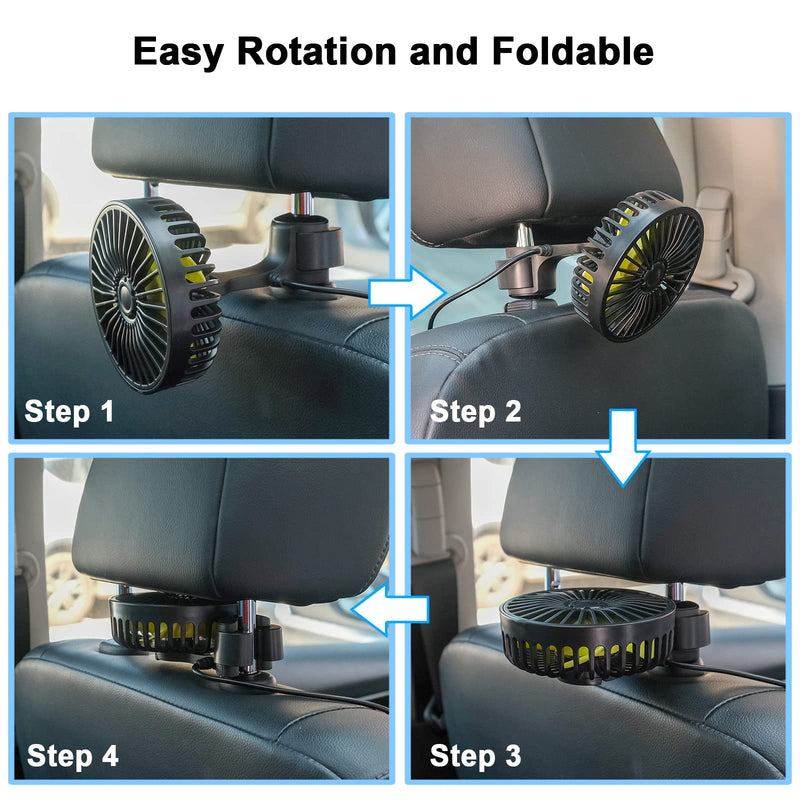 Car Fan for Backseat, USB Powered Car Rear Seat Headrest Fan, 3 Speeds and 360 Degree Rotatable Cooling Fan, Powerful Air Circulation Fan for Sedan, SUV, RV, Pickup, Truck, Van, Golf Vehicles and Boat