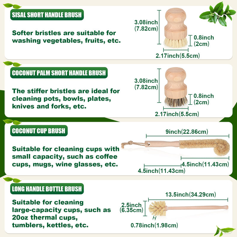 8 Pcs Bamboo Dish Brush Dish Washing Scrub Bottle Brush Wooden Palm Pot Brush Cleaning Scrubbers with Natural Sisal Bristles Long Handle for Pots Pans, Bottle, Sink, Vegetables, Household Cleaning