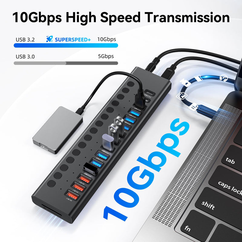 Powered USB Hub 10Gbps, 17 Ports 96W USB 3.2 Hub(10 USB-A 3.2 Ports+3 QC 24W Fast Charging Ports+2 USB-C 3.2 Ports+SD/TF Card Reader), 12V/8A Power Adapter for Laptop, PC, Computer, HDD,Flash Drive Black