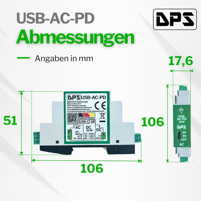DPS - DIN Rail Power Supply USB-C 230V AC, 20W Power Delivery - 5V/9V/12V - with Short Circuit & Surge Protection - Industrial Quality AC-USB-PD_1 Stück
