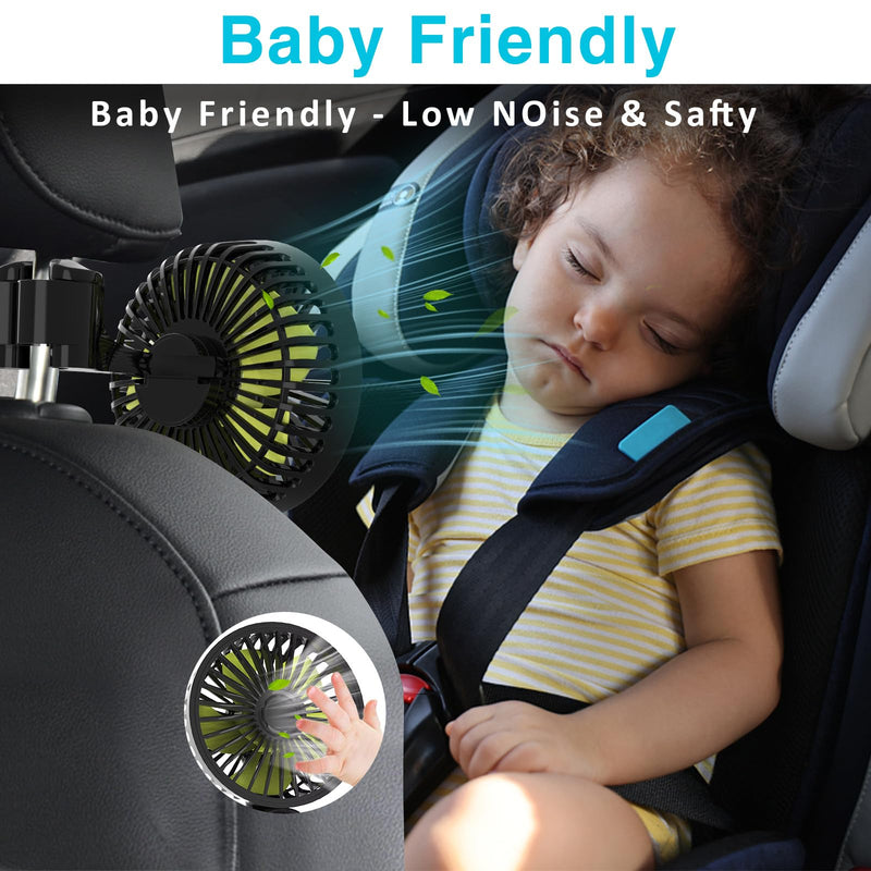 Dealswin USB Car Seat Fan for Backseat: Protable Car Cooling Fan for Car Rear Seat Baby Kids, 3 Speeds and 360 Degree Rotatable Car Rear Seat Headrest Fan for Sedan, SUV, RV, Van Strong Wind Car Fans