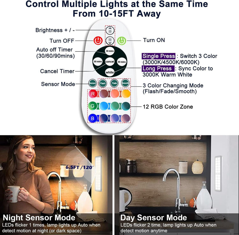 Under Cabinet Lights Wireless, 58-LED Rechargeable Motion Sensor Closet Lights with Remote Control, RGB Color Changing Under Counter Lights for Kitchen, Pantry, Bedroom, Stairs, 4 Pack RGB Motion Sensor with Remote