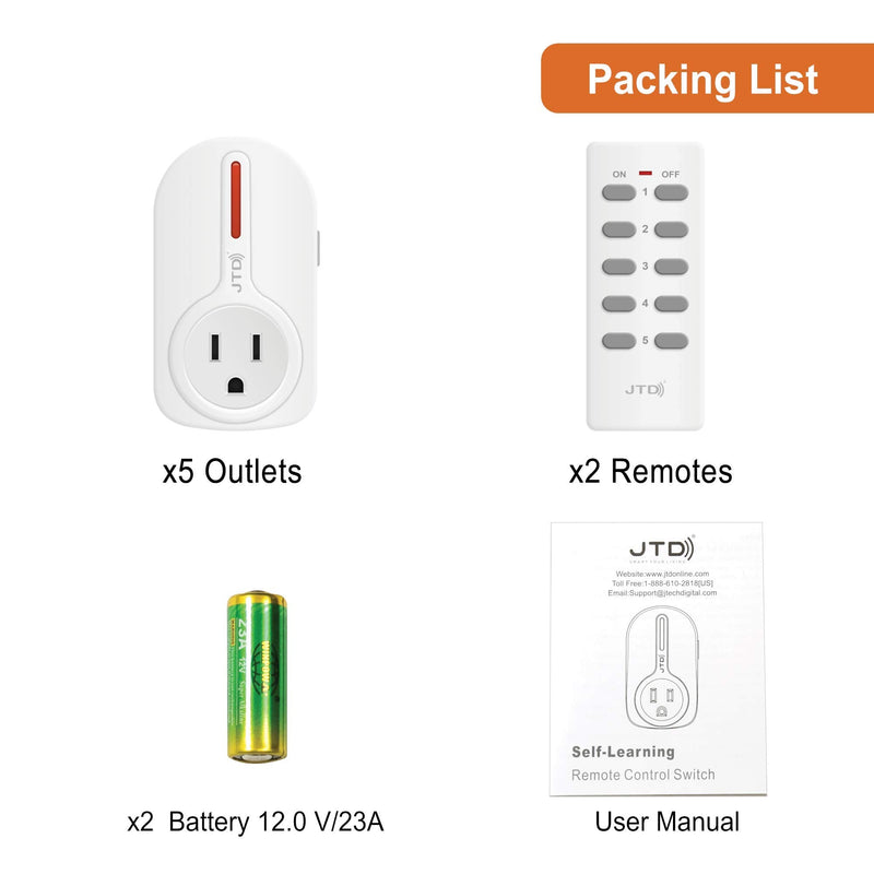 JTD ® 5 Pack Remote Control Outlet Switch 3rd Generation Energy Saving Auto-programmable Wireless Electrical Plug Switch for Household Appliances Lighting & Electrical Equipment (2 Remotes)