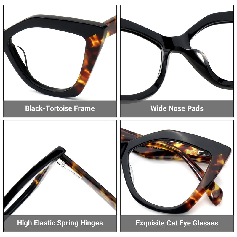 Zeelool Stylish Acetate Cat Eye Glasses Frame with Non-prescription Clear Lens Women Oversized Eyewear Spitler ZJGA100148 Black-tortoise Blue Light Blocking Lens
