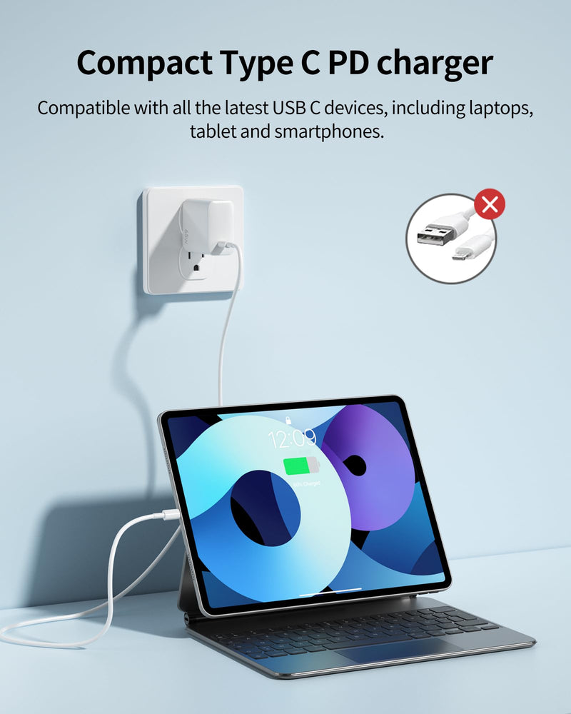 65W USB C Charger, GaN Fast Charger Block for MacBook Pro/Air, Dell XPS, iPhone 15 Pro Max/14/13, iPad Pro, Galaxy S24/S23, Pixel 8, Steam Deck, USB C Laptop Charger Power Adapter-White