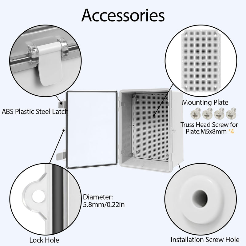 ABS Plastic Dustproof Waterproof IP65 Junction Box Hinged Shell Universal Electrical Project Enclosure Gray, with PC Transparent Clear Cover 11.4 x 7.5 x 5.5inch(290 x190 x140mm) 11.4" x 7.5" x 5.5"