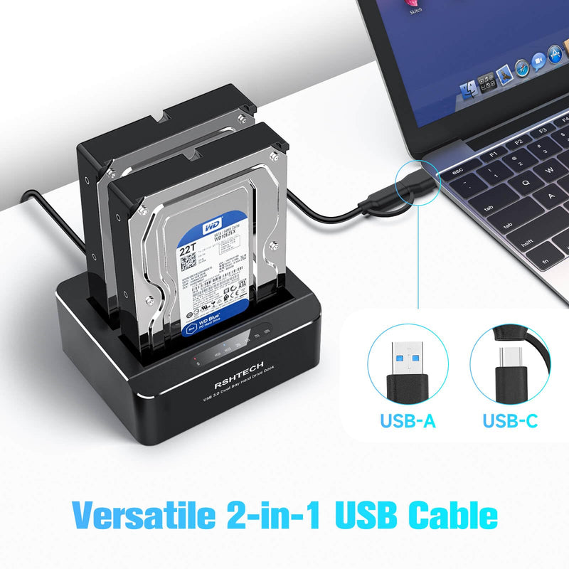 RSHTECH Hard Drive Docking Station Aluminum USB-C/USB 3.0 to SATA Dual Bay Hard Drive Dock for 2.5 or 3.5 inch HDD SSD, with 2-in-1 USB Cable, Support Offline Clone, UASP and 2x22TB, RSH-DS01C