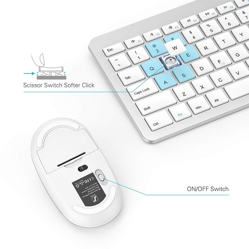 Wireless Keyboard and Mouse Combo - Full Size Slim Thin Wireless Keyboard Mouse with Numeric Keypad 2.4G Stable Connection Adjustable DPI (White & Silver) Silver and White