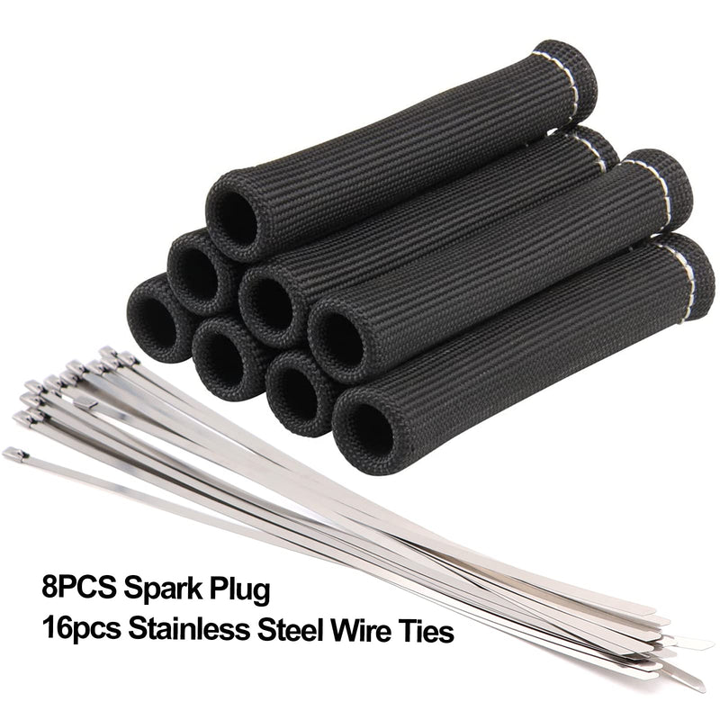 8PCS Spark Plug Wire Boots 6 inches 2500° Heat Shield Protector Sleeve with 16pcs Stainless Steel Wire Ties(Black)