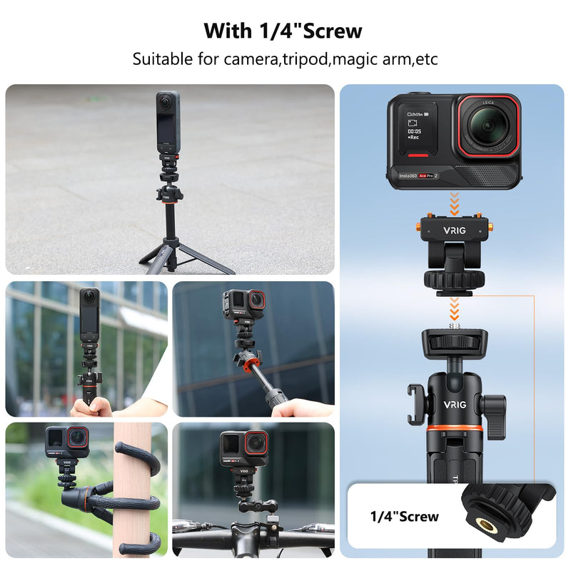 VRIG AC-44 Cold Shoe Adapter with Magnetic Quick Mount for Insta 360 Ace / Ace Pro, Action Camera Mount Adapter with 1/4" Thread Compatible DSLR Camera Hot Shoe, Tripod Accessories