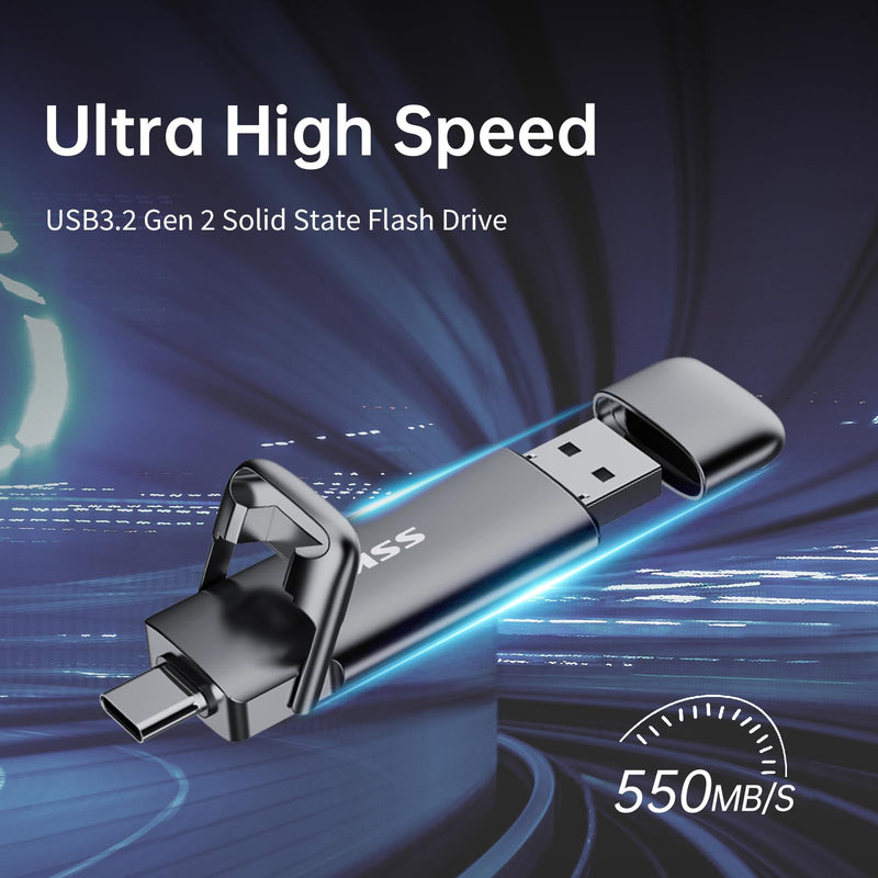 SSK 1TB USB Drive,External SSD Fast 550MB/s 2-in-1 Dual-Drive Type C+ A USB3.2 Gen2 Solid State ThumbDrive SSD-Stick for iPhone 15/16/PS4/Android Phone/Tablet/Windows/Mac 1 TB