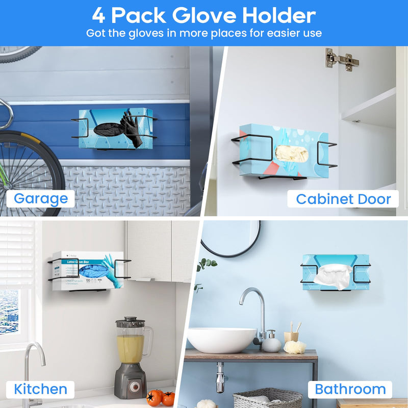 THYGIFTREE Glove Box Holder Wall Mount Dispenser, 4 Pack Metal Rack for Disposable Nitrile, Latex & Vinyl Gloves, Fits 100 & 200 Count Boxes for Kitchen, Garage, Lab, Black Black - 4Pack (Fits Standard Box)