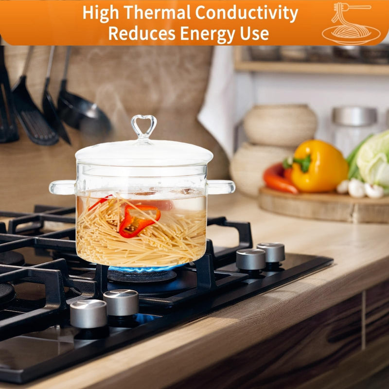 2L Clear Glass Cooking Pot with Heart Lid, 68oz/2000ml | Easy to Clean, Heat Resistant, Energy Conservation, Oven, Gas, and Electric Stove Safe 2 Liters