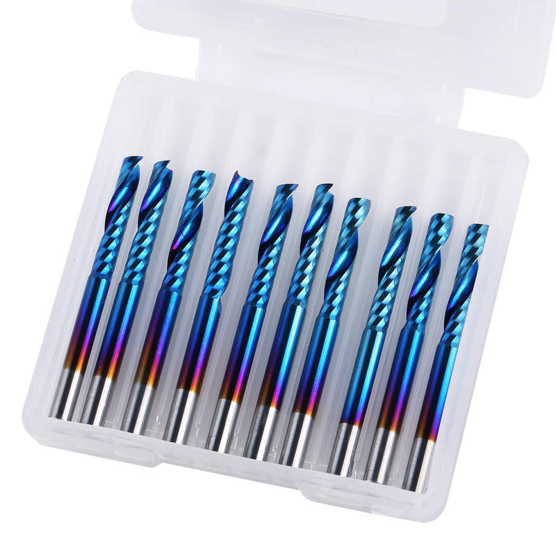 SainSmart Genmitsu 10Pcs Nano Blue Coat Flat Nose End Mill CNC Router Bits, 1/8" Shank Spiral Upcut Single 1 Flute End Mill Set (3.175 x 17 x 38mm) 3.175mm Set (1-Flute Flat Nose)