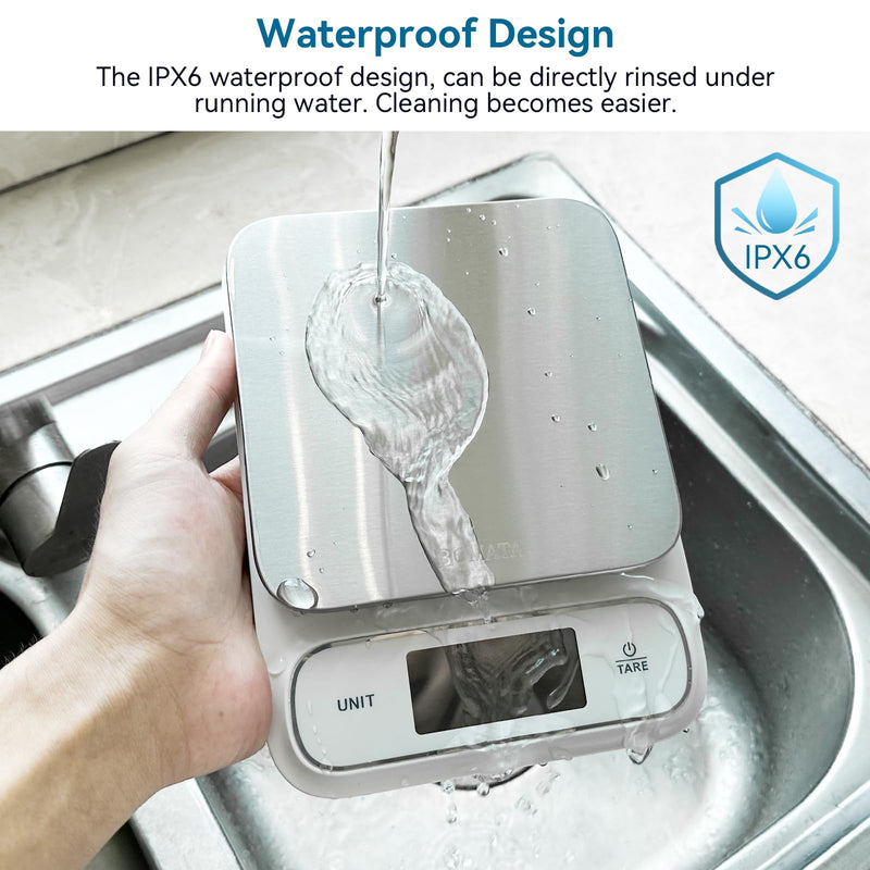 BOMATA Waterproof IPX6 Kitchen Scale, 0.1 g/0.01 oz High Precision, 5 kg/11 lbs, Digital Scale with Backlight, Stainless Steel Weighing Platform, for Food, Cooking, Baking, Weight Loss.. B619, White 0.1g/5kg Non-rechargeable White