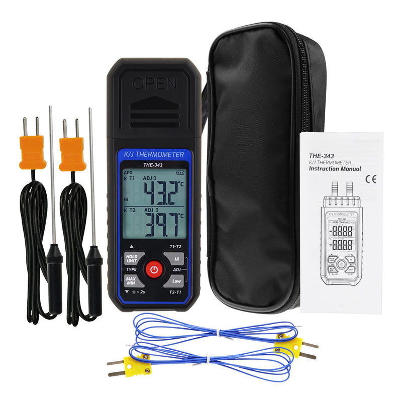 Thermocouple Thermometer, Digital K Type Thermometer with 4 Thermocouples, -200-1372℃ Measuring Range HVAC Thermometer Dual Channels, Temperature Meter LED Backlight and ADJ Compensation