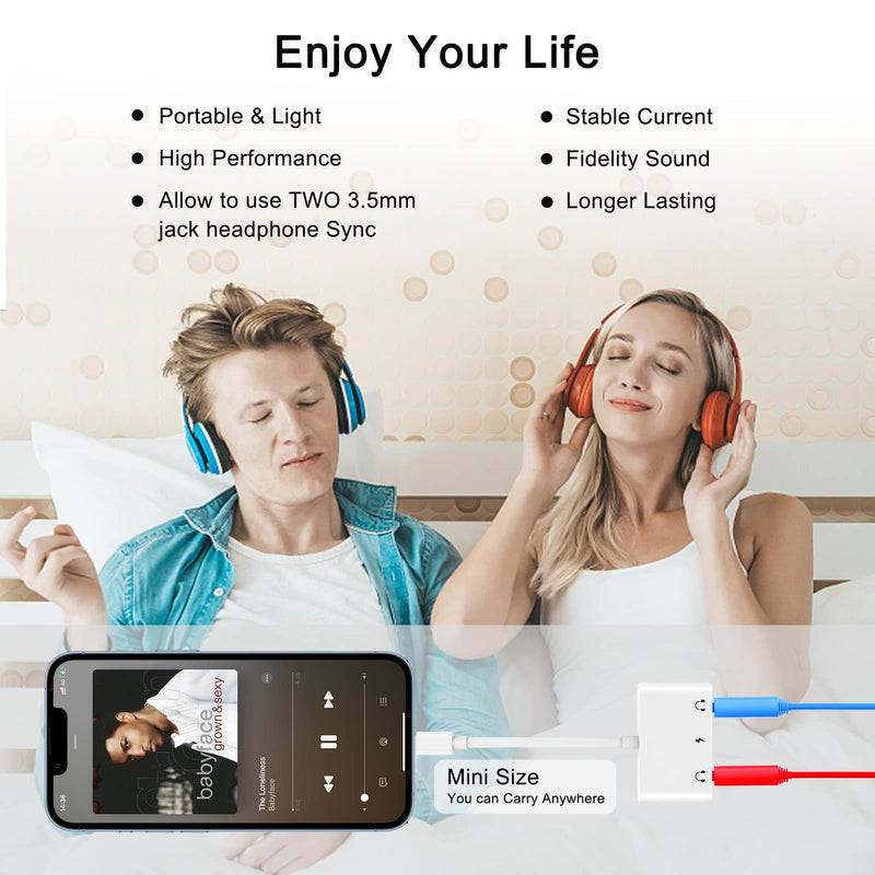 3 in 1 Dual 3.5mm Headphone Jack Adapter - Earphone Jack Audio and Charging Adapter - Headphone Splitter for iPhone 14/13/ 12/11/ X/ 8/ iPad -Support iOS 13- White