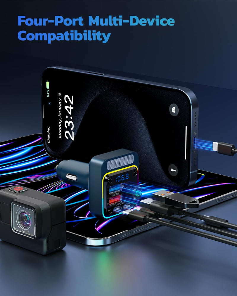 Nulaxy 54W Bluetooth 5.3 Car Adapter with 4 Charging Ports [PD 36W & QC3.0 18W], Wireless Radio FM Transmitter with Deep Bass Player & 5 Colors LED Backlit, Hands-Free Calling - NX16 Blue D-Blue