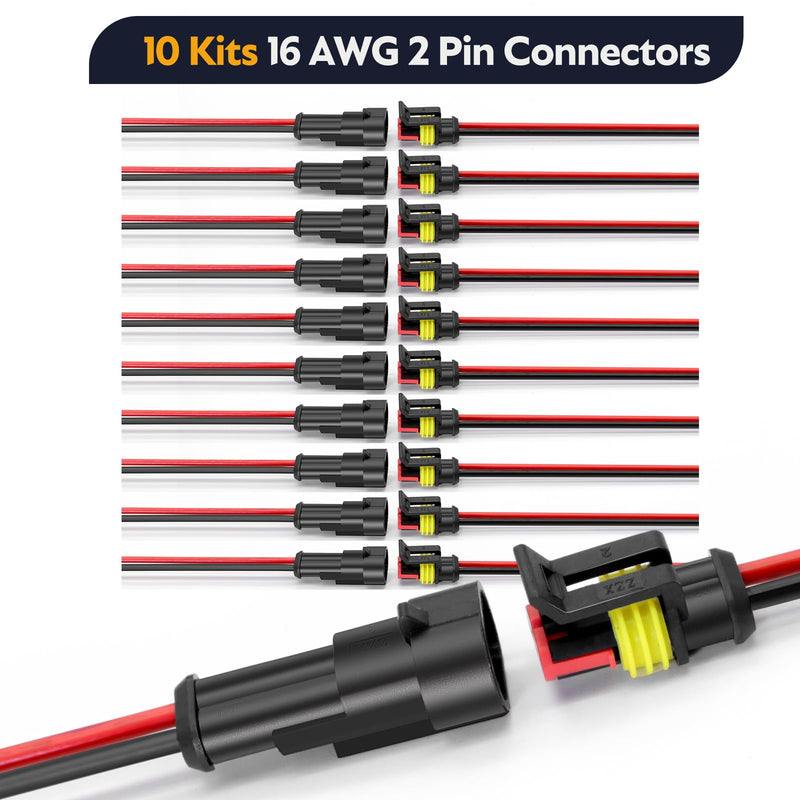 10 Kits 16 AWG 2 Pin Waterproof Automotive Wire Electrical Connectors, 2 Wire Connectors with 16 Gauge Wire and Heat Shrink Tubing for Auto Motorcycle