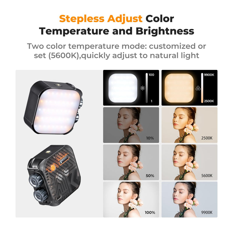 K&F CONCEPT Bi-Color LED Video Light, 2000mAh Rechargeable Portable Camera Lights, CRI 96+, 2500K-9900K, 15 Light Effects, Photography Lighting for Vlogging, Selfie, Black
