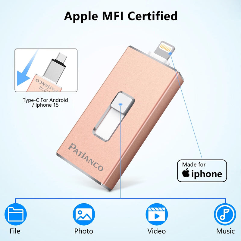 Photo Stick Apple MFi Certified for iPhone 512GB, USB Flash Drive for iPhone Thumb Drive, iPhone-Memory-Stick for iPad/iPhone/Computer Picture Keeper Portable Hard Drive Pink 521GB
