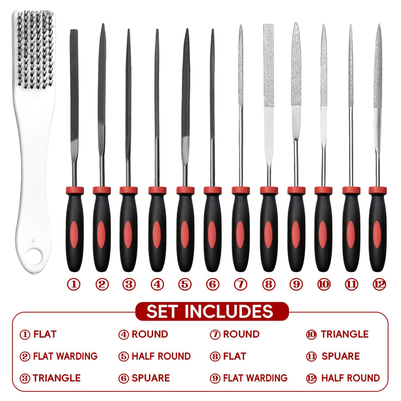 WISEUP 13 Piece Needle File Set with 6 Diamond Files and 6 Steel Files | Tool bag for jewelry, wood, plastic, metalwork and DIY enthusiasts