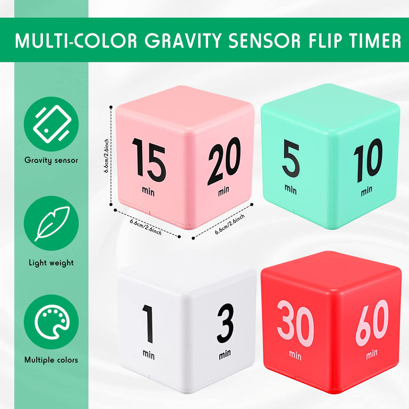 Weewooday 4 Pieces Cube Timer Gravity Sensor Flip Digital Workout Timer Cube for Management Duration Home Kitchen Study, 1 3 5 10 Minutes and 15 20 30 60 Minutes (White, Red, Pink, Green)