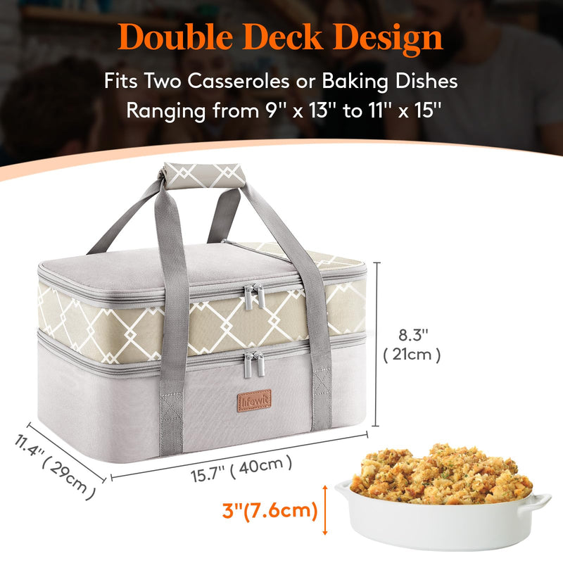 Lifewit Insulated Double Decker Casserole Carrier, Lasagna Lugger Holder for Hot or Cold Food, Fits 9" x 13" Baking Dish, Thermal Lunch Tote Bag for Potluck Parties, Picnic and Cookouts, Grey Gray 15.7 x 11.4 x 8.3inch
