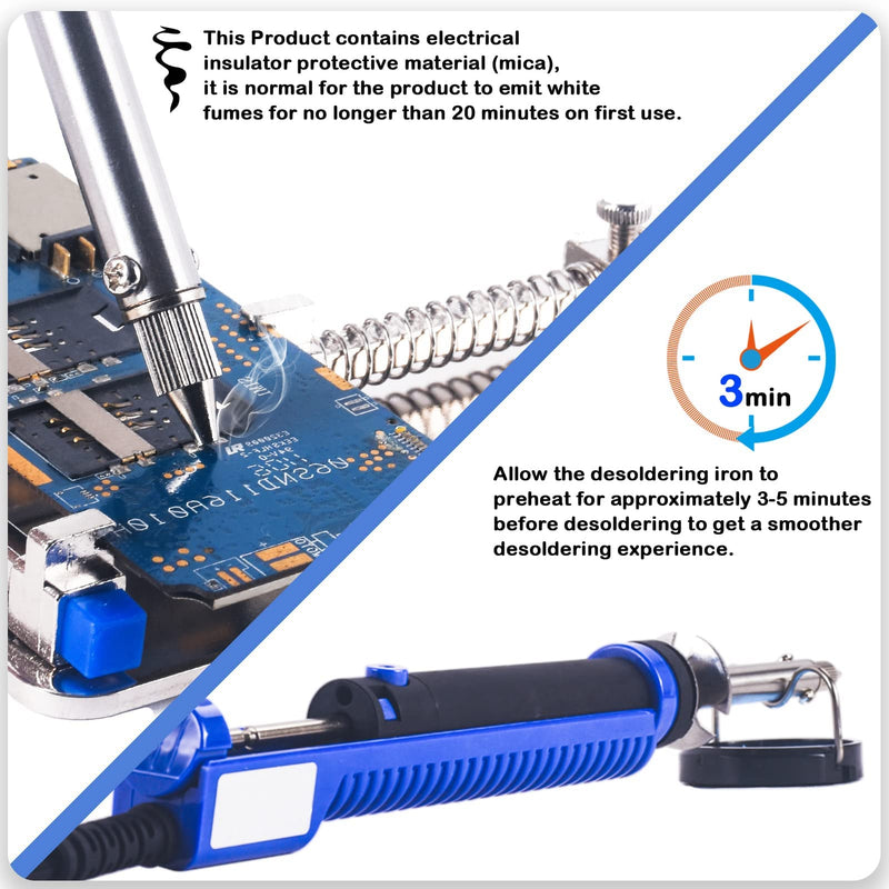 K KERNOWO 929D-V Electric Desoldering Soldering Iron Sucker – Desoldering Pump Tool with 1.0mm & 1.2mm Nozzles, Desoldering Gun with Wick & Cleaning Pin for Through-Hole Solder Removal Blue