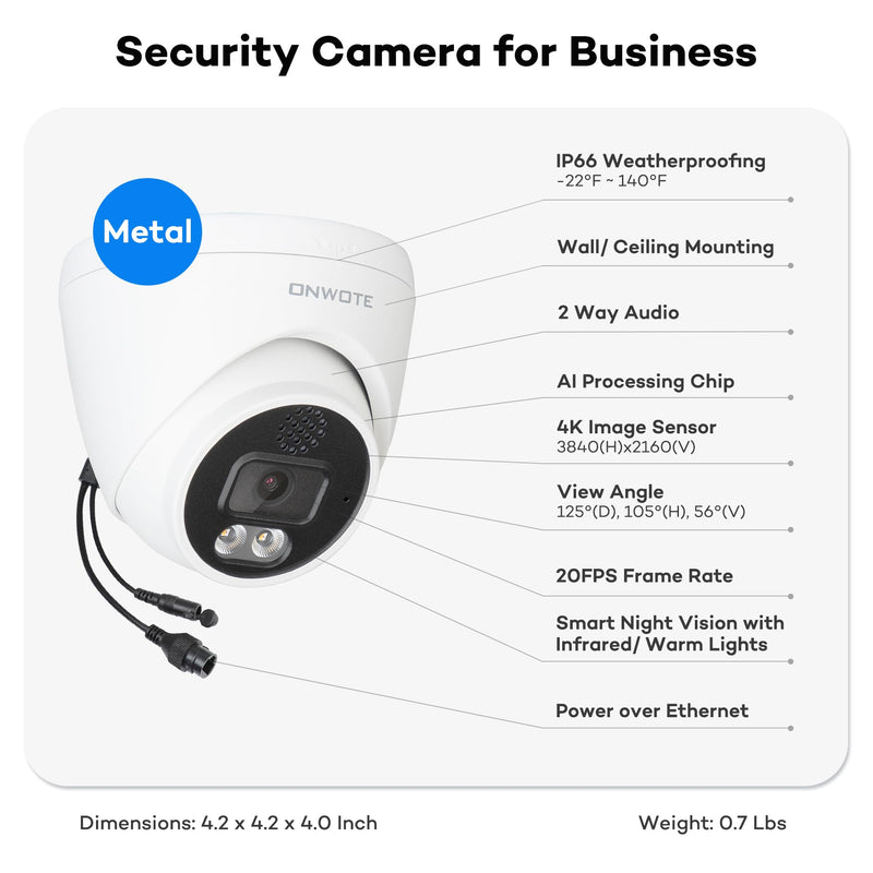 ONWOTE 2 Way Audio 4K 8MP PoE IP Camera, AI Human Vehicle Detection Activate Bright Spotlight, 125° Wide File of View, Indoor/Outdoor, Commercial Wired Camera for Business, Add-on to PoE NVR System
