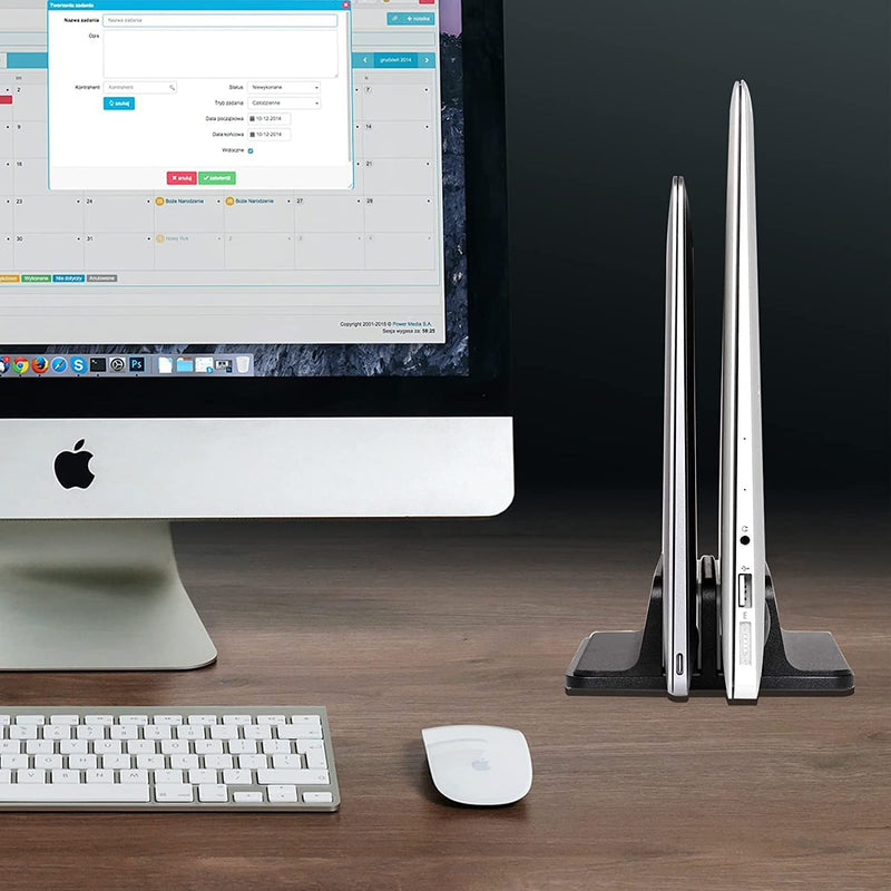 Double Slot Vertical Laptop Tablet Stand Mount Space -Saving Storage for MacBook Laptop Chromebook Tablet,Smartphone (Black) Black