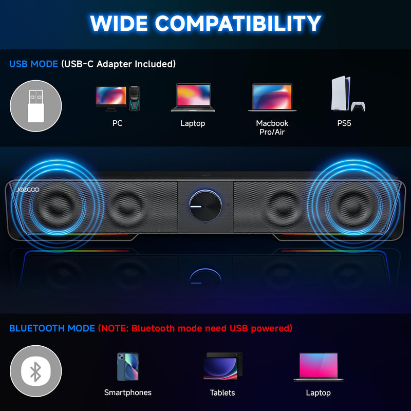 Jeecoo A40 Bluetooth Computer Speakers with Clear Sound, USB Plug & Play PC Speakers with LED Light, Computer Sound Bar with Switch Button for Desktop Laptop Monitor (USB-C Adapter Included) Black