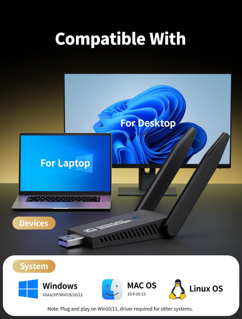 AC1300 USB WiFi Adapter for Desktop PC, Dual Band USB-WiFi 1300Mbps High Speed Wireless Network Adapter 5GHz/2.4GHz with High-Gain Antennas Compatible with Windows 11/10/8/7 macOS 10.9-10.15