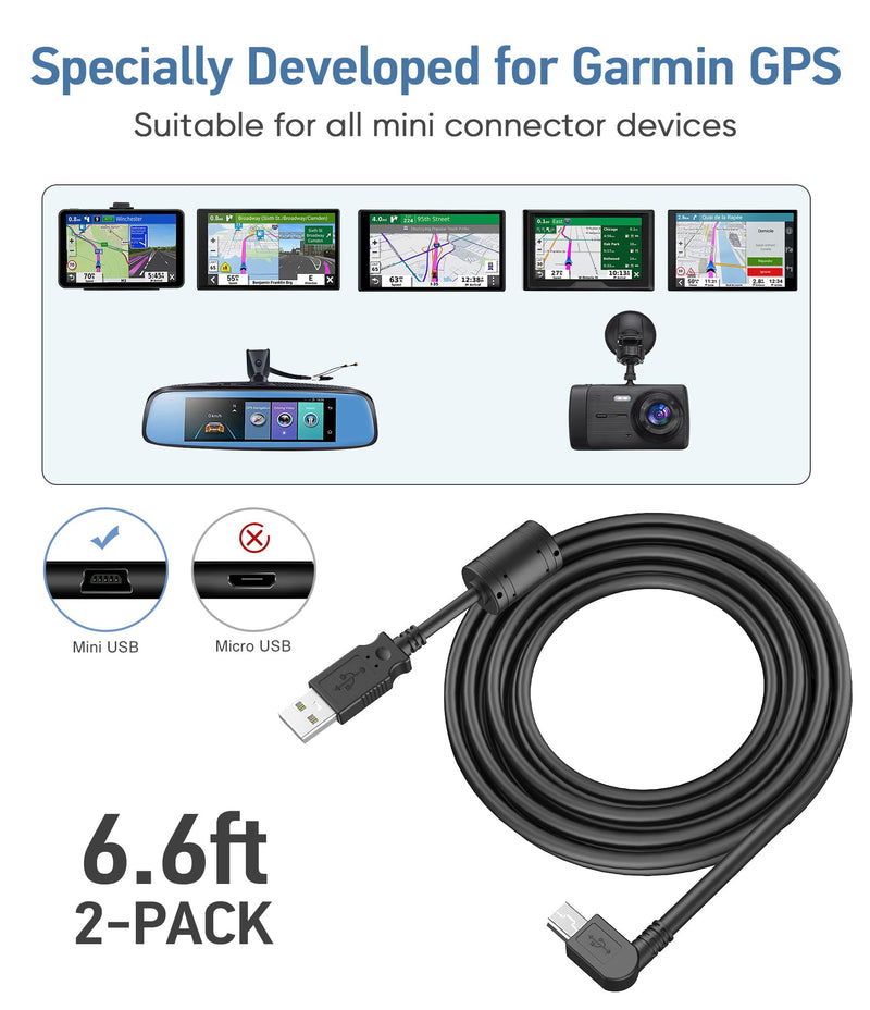6.6Ft Charger Cable for Garmin GPS,(2 Pcs) 90 Degree Universal Mini USB Power Cable for Garmin GPS,Car Navigator Charger Adapter GPS Charger for Garmin Zumo Xt Drivesmart 65 Dezl Tomtom