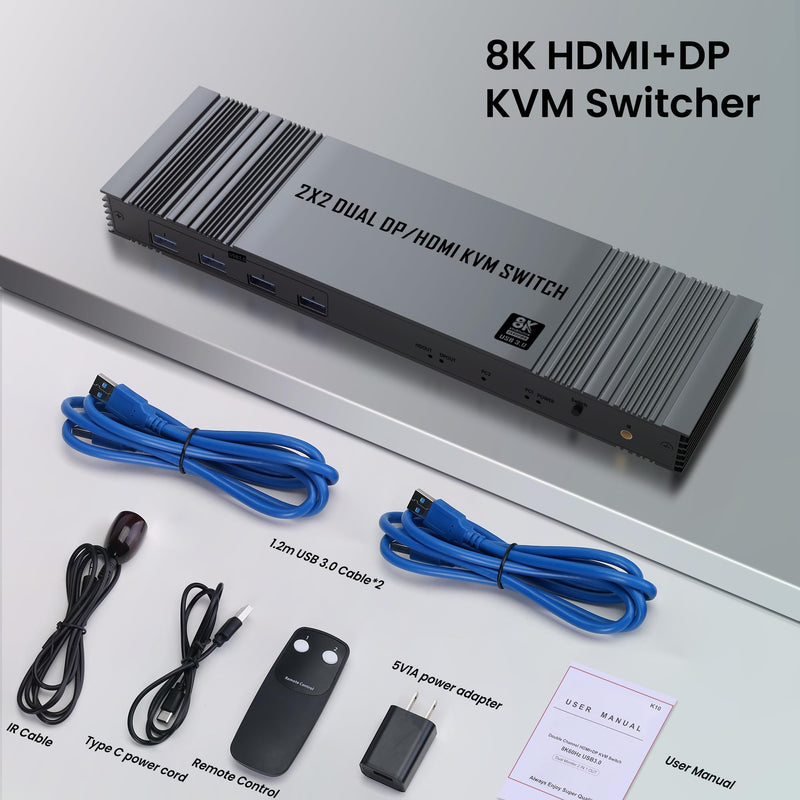 8K@60Hz HDMI+DP KVM Switch with 4-Port USB 3.0 Hub Dual HDMI Monitor KVM Switch for 2 Computers Supports Extended/Copy Mode, Keyboard & Mouse Sharing, Includes USB Cables & Remote Controller