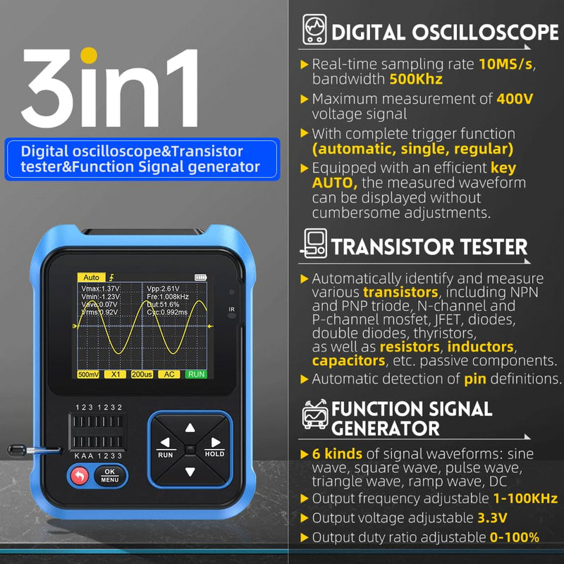 DollaTek DSO TC3 Digital Oscilloscope, 3-in-1 Handheld Oscilloscope, Transistor Tester, LCR Table USB Resistance Tests, Capacity and with 2.4 Inch HD Color Screen, PWM Rectangular Output Signal Generator