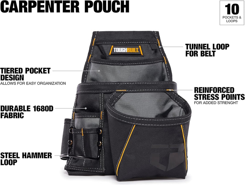 ToughBuilt - Utility Pouch, Durable Construction with Multiple Storage Compartments, Organized Design for Professional & Jobsite Use Carpenter Pouch