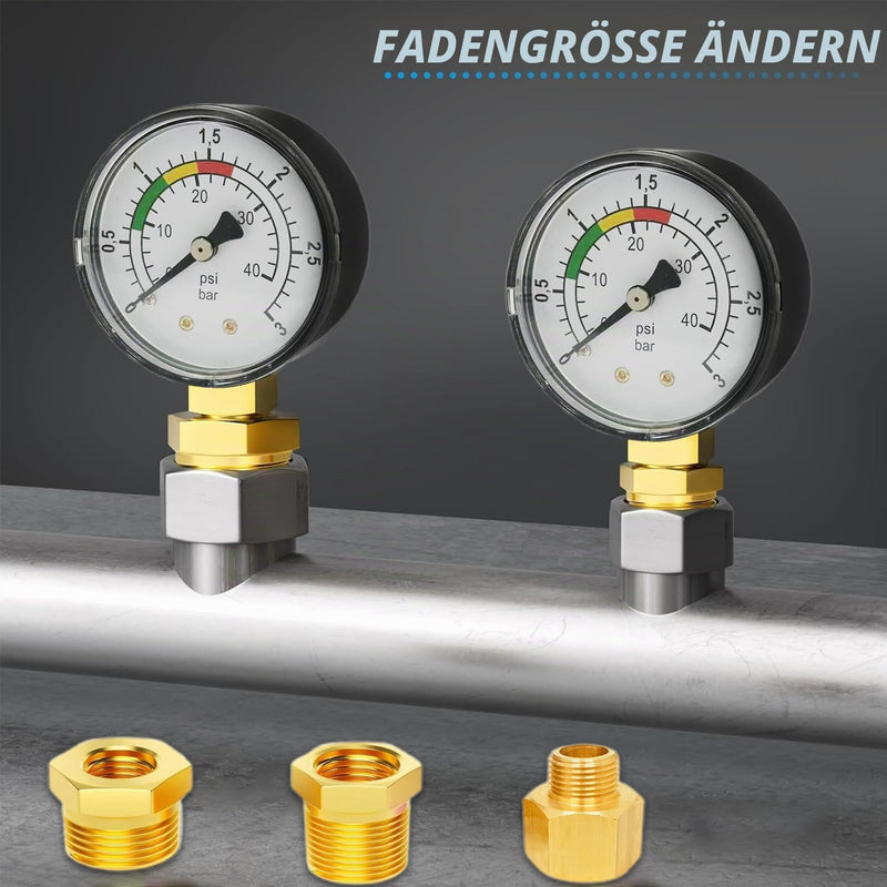 Water Pressure Gauge, 1/4 Inch Pool Pressure Gauge, Precision Double Scale, Robust Brass Stainless Steel Housing, Easy Installation, Durable, Versatile, for Pool, Fish Ponds and Aquariums