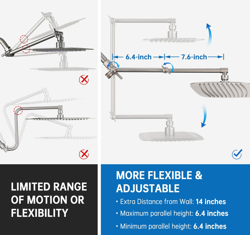 G-Promise Metal Shower Head Extension Arm with Diverter, Handheld Holder Included, G1/2 Universal Thread Rain Shower Arm, Brass Adjustable Extender with 3-Way Diverter, Brushed Nickel