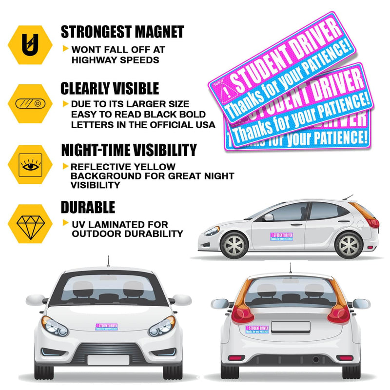 Sukh 3 Pcs Student Driver Car Magnet - New Driver Magnet for Car Funny Cute Reflective Magnetic Bumper Stickers Car Sign for Teen Driving