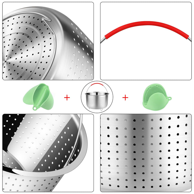 REDANT Mesh Strainer and Vegetable Steamer Basket for Pot, Instant Pot Accessories 8Qt, Stainless Steel Veggie Steamer for Cooking Broccoli, Eggs, Pasta, Quinoa - With 2 Silicone Gloves, 8 Quart 8 Qt - Steamer Basket