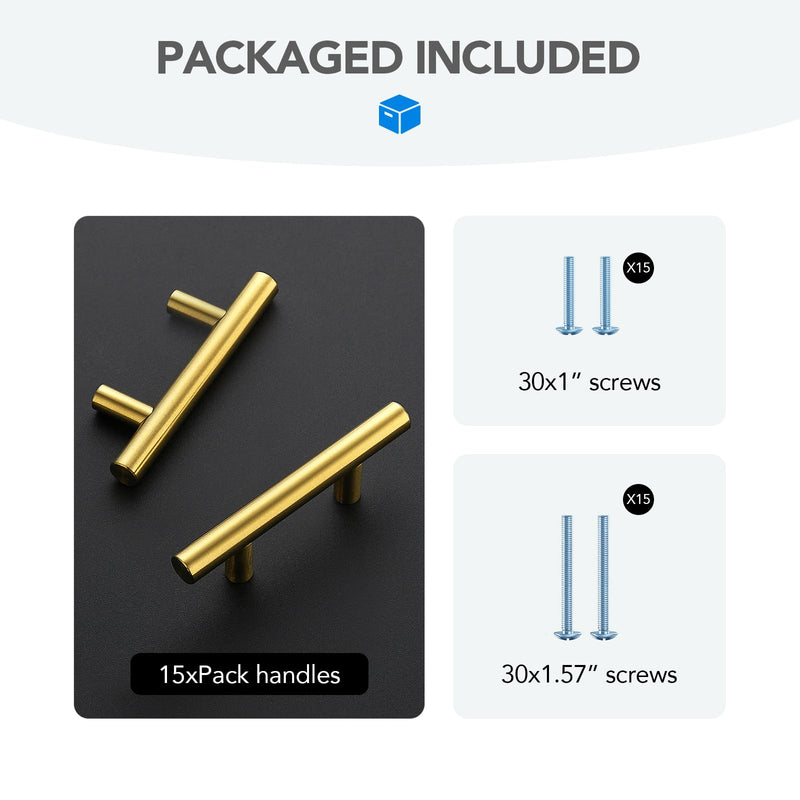 HOME EDIT Brushed Brass Cabinet Handles 2-1/2 Inch Hole Spacing, Stainless Steel Drawer Pulls for Cabinets, Kitchen, Bathroom, Dresser 15 Pack 2-1/2 Inch Hole Center